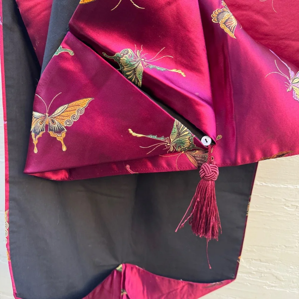 Vintage Butterfly Table Runner Burgundy Red Embroidered Tassel Chinoiserie 78